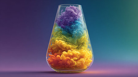 Vibrant rainbow colored ink plumes beautifully disperse and swirl within a clear conical laboratory flask demonstrating an abstract visual chemistry reaction against a soft gradient backdrop.の写真素材