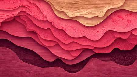 Abstract layered wooden texture showcases undulating waves transitioning through various shades of crimson pink and a warm peach tone at the top creating visual depth and a striking contemporary background effect.の写真素材
