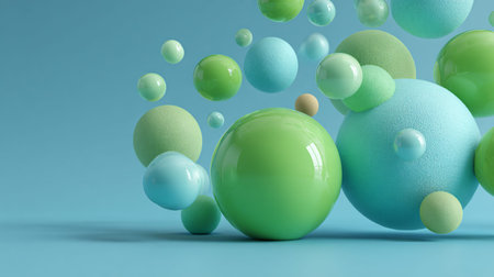 Abstract three dimensional rendering features a dynamic composition of glossy green and textured cyan spheres floating against a solid blue background canvas creating a playful yet sophisticated visual arrangement suitable for modern graphic projects.の写真素材