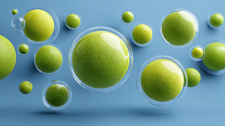 Numerous vibrant green textured spheres appear encapsulated within clear glass bubbles floating against a solid light blue background suggesting concepts related to cellular biology scientific research or encapsulated freshness in cosmetic products.の写真素材