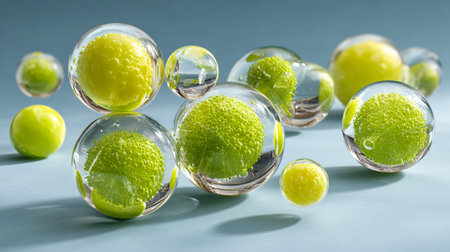 Multiple vibrant lime green encapsulated spheres resembling cells or concentrated essence float within clear glass orbs against a soft blue surface suggesting advanced cosmetic formulation research or nutritional science concepts.の写真素材