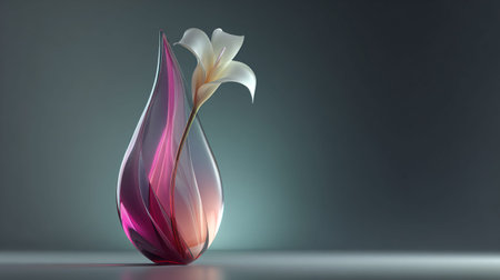 Abstract artistic rendering features a delicate white lily within a luminous teardrop-shaped glass vase showcasing vibrant internal magenta swirls against a dark muted background ideal for sophisticated product placement or elegant display.の写真素材