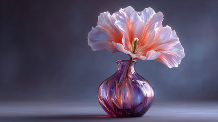 Delicate pale coral and white fringed tulip emerges beautifully from an iridescent purple glass vase creating an elegant, sophisticated floral still life composition against a muted backdrop.の写真素材