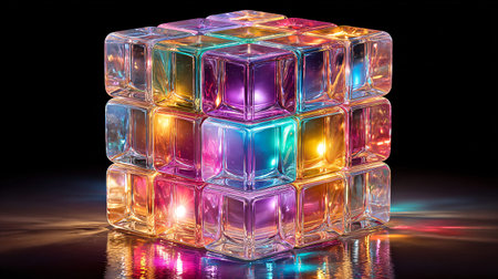 Translucent glowing cube composed of many colorful illuminated blocks rests on a dark reflective surface creating vibrant spectral light reflections and abstract patterns.の写真素材