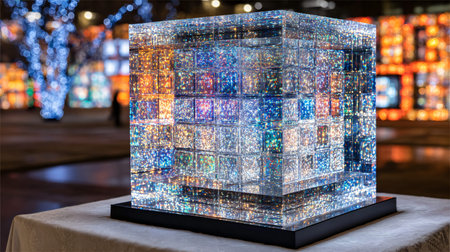 Dazzling cubic sculpture displaying an infinite light illusion made of many sparkling, multicolored reflective blocks sits upon a draped table during a nighttime event.の写真素材