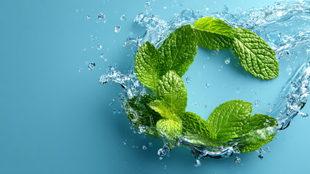 Vibrant fresh mint leaves are caught dynamically splashing into clear cool water against a solid light blue background suggesting natural flavor and cooling refreshment for health products.の写真素材