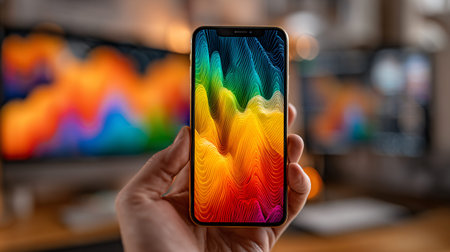 Person holding smartphone displaying vibrant abstract topographic lines wallpaper in rich spectrum colors with a professional office environment softly blurred in the background.の写真素材