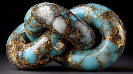 Abstract sculpture depicts an intricately linked, glossy turquoise stone object heavily infused with bright gold flecks and dark matrix patterns creating a rich visual contrast against the dark setting.の写真素材