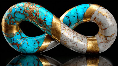 Luxurious infinity symbol sculpture displays vibrant blue turquoise and white stone segments accented with striking gold leaf bands symbolizing connection and eternity above a reflective black surface.の写真素材