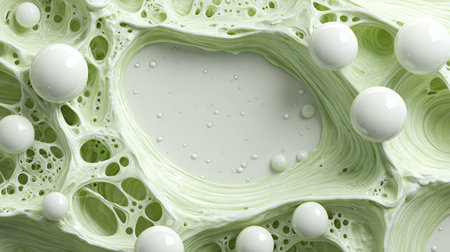 Viscous pale green fluid with an intricate porous texture surrounds several perfectly glossy white spheres creating an abstract representation of a serum or cellular biological process suitable for scientific or cosmetic backgrounds.の写真素材
