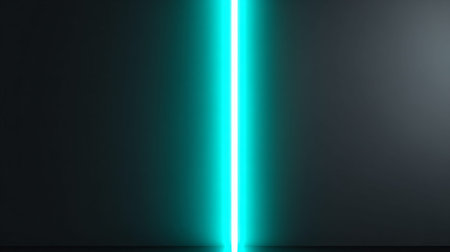 Vertical bright cyan neon light line cuts through a dark gray minimalist room environment suggesting a stage backdrop for digital presentations or futuristic science concepts.の写真素材