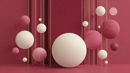Abstract three dimensional presentation stage background features assorted sizes of decorative pink white and glitter spheres suspended by thin golden rods against a rich burgundy wall creating a sophisticated and volumetric visual display perfect for luxury product placement or festive themes.の写真素材
