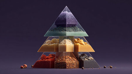 Abstract artistic composition showcases a stack of clear pyramid containers filled with colorful and textured granular ingredients like spices and pebbles arranged in a festive tree silhouette against a dark purple background symbolizing culinary diversity and material science.の写真素材