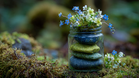 Delicate blue and white wildflowers sprout from a small glass jar containing stacked smooth stones creating a serene miniature zen garden display nestled within a richly textured green forest moss environment.の写真素材