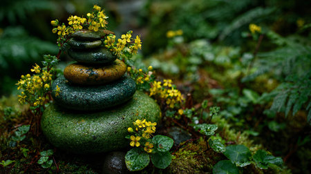Carefully stacked wet cairn stones adorned with vibrant yellow wildflowers are positioned amidst rich dark green moss and ferns in a humid natural setting symbolizing grounded spiritual balance and quiet meditation.の写真素材