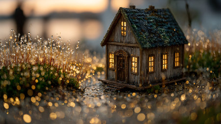 Miniature rustic wooden cottage glows with inviting interior light surrounded by wet moss covered with perfect dewdrops reflecting golden bokeh against a soft sunset background creating a feeling of peaceful enchantment.の写真素材