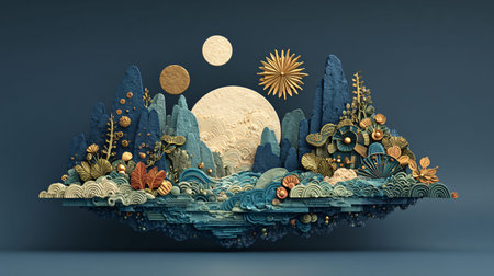 Intricate three dimensional floating landscape depicts textured blue mountains dramatic waves and stylized golden flora creating a serene and elegant asian inspired diorama set against a simple dark blue studio background.の写真素材
