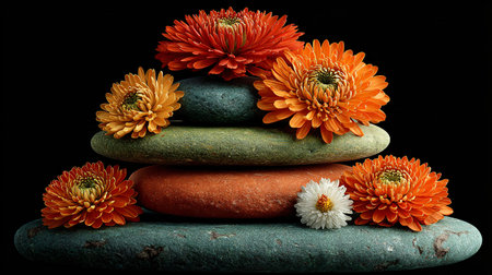 Stacked smooth river stones adorned with vibrant orange and one small white chrysanthemum flower represent perfect balance and zen tranquility against an intense black background emphasizing serenity and natural beauty.の写真素材