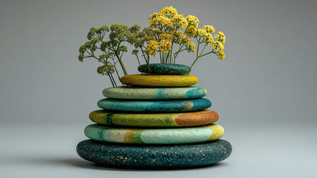 Stacked colorful, textured stones forming a cairn structure with delicate yellow and green wildflowers emerging from the top provides a visual representation of natural balance and peaceful meditation captured in clean studio photography.の写真素材