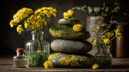 Serene still life arrangement showcases a cairn of dark moss-covered stones adorned with tiny bright yellow wildflowers positioned between clear glass bottles holding botanicals and essential liquid on a rustic wooden surface.の写真素材