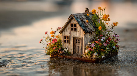 Enchanting miniature rustic wooden cottage overflowing with diverse colorful wildflowers rests precariously on wet sand where gentle water laps against its foundation during a warm sunset glow.の写真素材