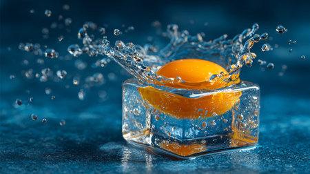 Vibrant orange fruit segment plunges into a clear geometric ice cube causing a dynamic water splash with many suspended droplets against a deep blue textured surface creating a concept for extreme refreshment.の写真素材