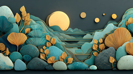 Luxurious three dimensional paper cut inspired artwork depicts a tranquil landscape scene characterized by overlapping layers of teal blue and turquoise evoking mountains or water flows accented by ornate golden ginkgo leaves and polished smooth stones beneath a large soft yellow sun orb against a dark backdrop creating an opulent feel.の写真素材