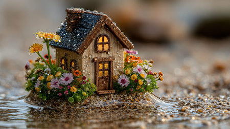 Miniature rustic cottage model featuring warmly illuminated windows and a mossy roof sits surrounded by brightly colored flowers adorned with glistening water droplets while gentle water flows around its pebbled foundation creating a beautiful dreamlike scene.の写真素材