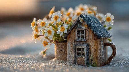 Miniature rustic wooden house stands beside a small pot of white flowers heavily beaded with morning dew resting upon glittering sand bathed in soft sunrise light emphasizing themes of quaint charm and delicate natural beauty.の写真素材