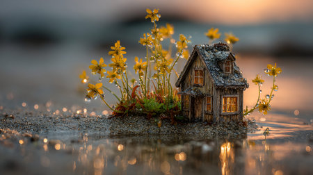 Miniature wooden cottage with glowing windows sits beside vibrant yellow wildflowers covered in morning dew drops on sandy ground with shimmering water reflection below bathed in soft dawn light.の写真素材