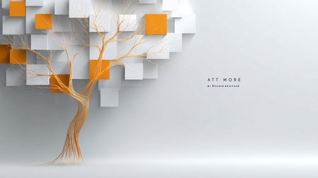 Abstract 3d tree formed from flowing golden wires rises against a backdrop of staggered white and...