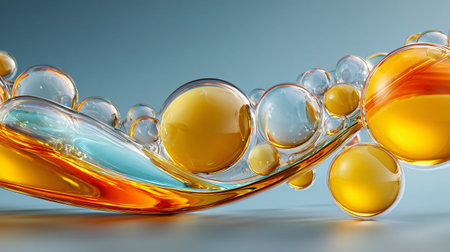 Abstract macro visualization shows a dynamic wave of thick golden yellow oil liquid mixing with...