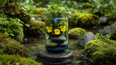 Glass jar terrarium creatively designed with stacked wet stones supporting yellow and blue pansies with lush green foliage sits perfectly balanced within a running forest stream surrounded by vibrant mossy rocks promoting natural harmony and peaceful decoration.の写真素材