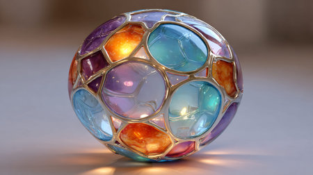 Intricately designed iridescent glass sphere featuring colorful, bubble-like panels framed by metallic seams glows softly from within, illuminating the surrounding surface with warm and cool tones.の写真素材