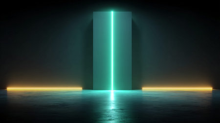 Abstract digital rendering features a bright cyan vertical neon line splitting a central light gray monolithic object projecting illumination onto a dark wet concrete floor where a warm horizontal orange light strip runs across the base.の写真素材