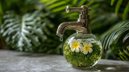 Decorative glass vessel designed like a dripping chrome spigot holds submerged vibrant green moss and white tropical frangipani flowers against a lush foliage background suggesting natural purity.の写真素材