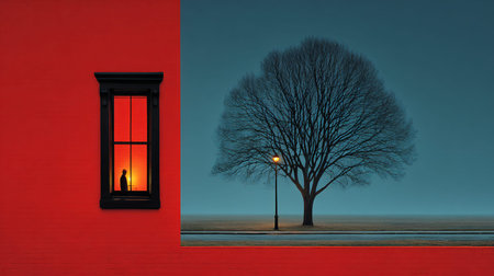 Silhouetted figure gazes outward from a vibrant red wall window towards a stark outdoor landscape featuring a solitary bare tree illuminated by a single streetlamp under a dark blue sky.の写真素材