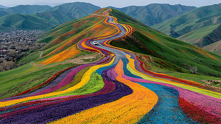 Stunning aerial view captures winding road cut through vibrant rainbow striped flower beds covering a steep green mountain leading up to a small village settlement in the distance.の写真素材