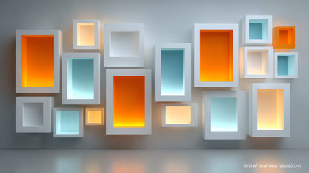 Abstract composition showcases various sized white recessed wall boxes illuminated with contrasting...