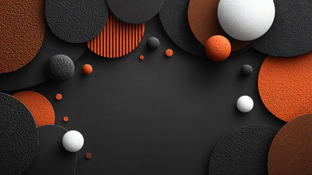 Abstract composition showcases textured black orange and white geometric shapes and spheres...