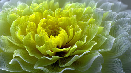 Flower petals display mesmerizing intricate detail with a luminous chartreuse core fading towards white edges creating a beautiful organic wave pattern perfect for background themes.の写真素材