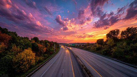 Highway stretches under a dramatic sunset sky featuring intense pink and orange clouds above...