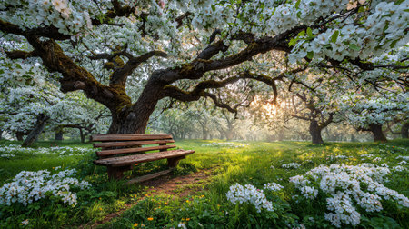 Rustic wooden bench sits invitingly in a misty, sun-drenched orchard under the expansive branches of a flowering tree surrounded by lush green grass and white ground cover.の写真素材