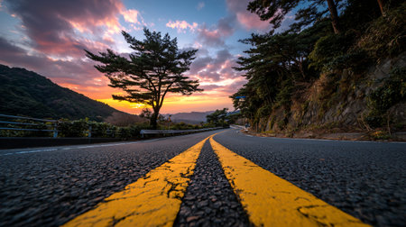 Winding asphalt mountain road featuring prominent cracked yellow dividing lines stretches forward toward a brilliant sunset under dynamic colorful clouds and dark forest edges.の写真素材