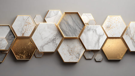 Abstract composition showcases interlocking hexagonal tiles with white marble gray veining and...
