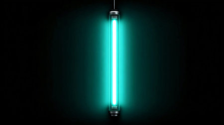 Vertical glowing neon tube radiates intense cyan light against a deep black backdrop highlighting...