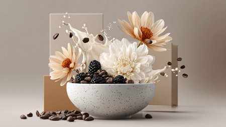 Luxurious still life artfully combines dark blackberries coffee beans and rich creamy milk splashing around elegant flowers within a textured bowl symbolizing premium coffee or chocolate infusion inspiration.の写真素材