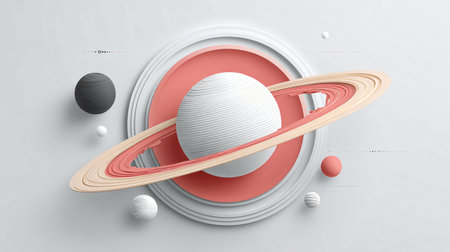Abstract three dimensional planet model with distinct surface texture is suspended within concentric layered rings creating a modern and clean graphic composition suitable for various digital media applications.の写真素材