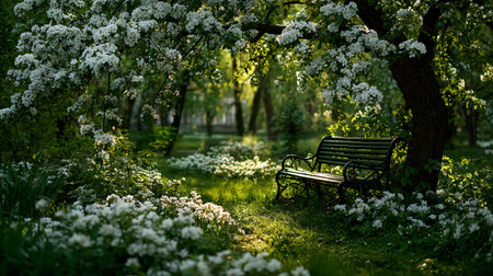 Empty wrought iron bench sits nestled under a flowering tree surrounded by lush white blossoms and vibrant green grass illuminated by soft, golden sunlight in a romantic park setting.の写真素材