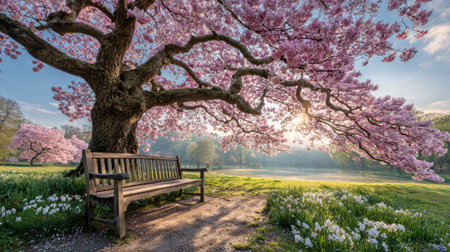 Wooden park bench rests under massive pink cherry tree canopy while bright morning sunlight streams through the blooming branches onto a grassy meadow with white wildflowers.の写真素材